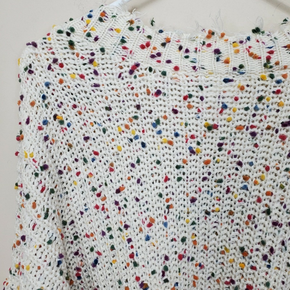 MAIN STRIP Knit V Neck Sweater Large L Cream Multicolor Dots Raw Hem LS NWT - Picture 7 of 9
